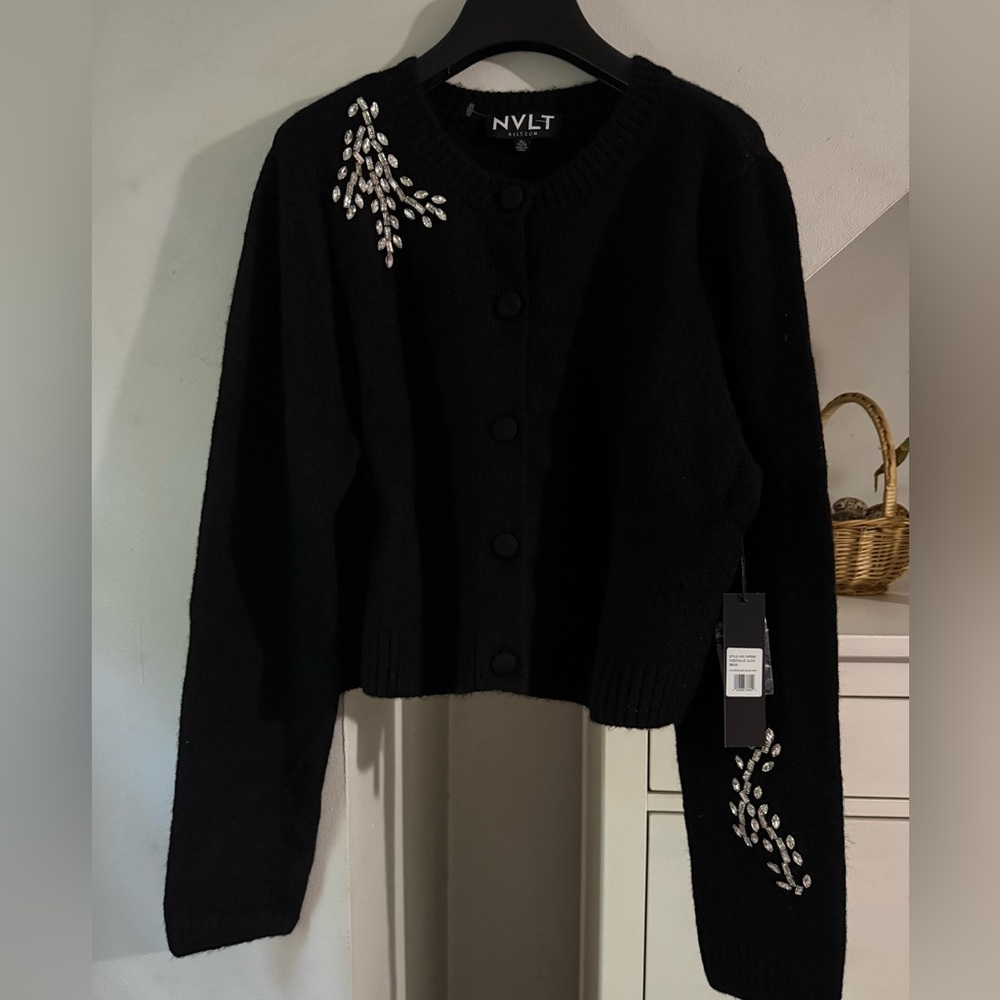NVLT Black Cropped Cardigan with Crystal Embellishments
